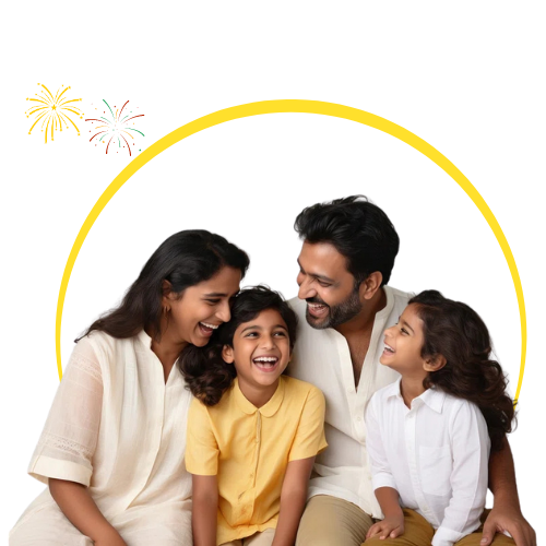Happy family with parents and two children sitting together, smiling, under a yellow circular frame with fireworks in the background.