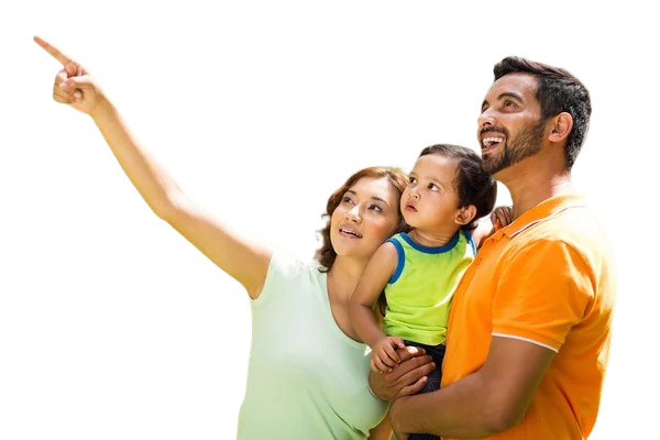 Young Indian family enjoying building watching together, symbolizing harmony and connection with their home.