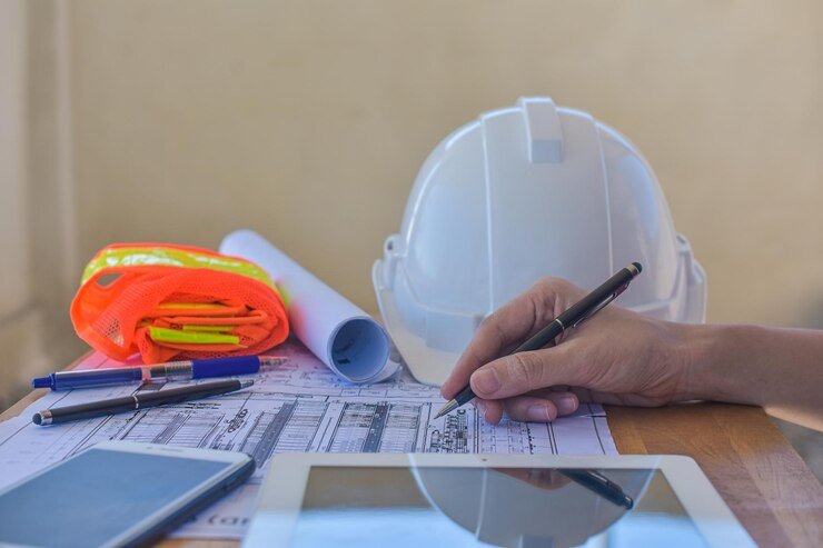 UrbanSpace Builders ensuring site safety with workers wearing helmets, safety gear, and following construction safety regulations on-site.